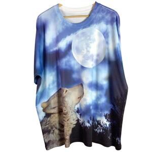 Howling at the Moon Wolf AOP Print Shirt Blue 3XL Polyester